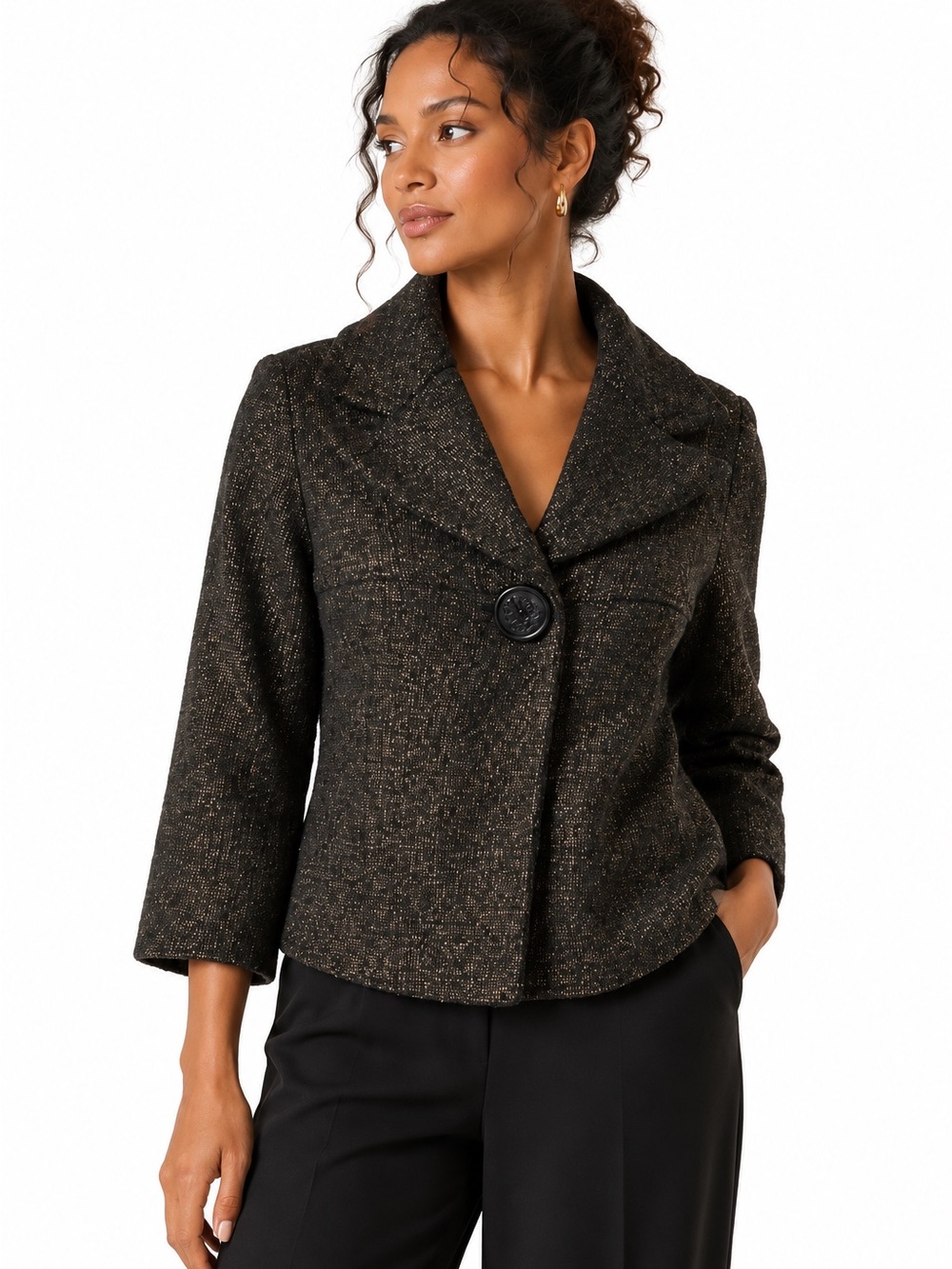 ANTHROPOLOGIE BETH BOWLEY Wool Metallic Black Cropped Coat with Statement Button